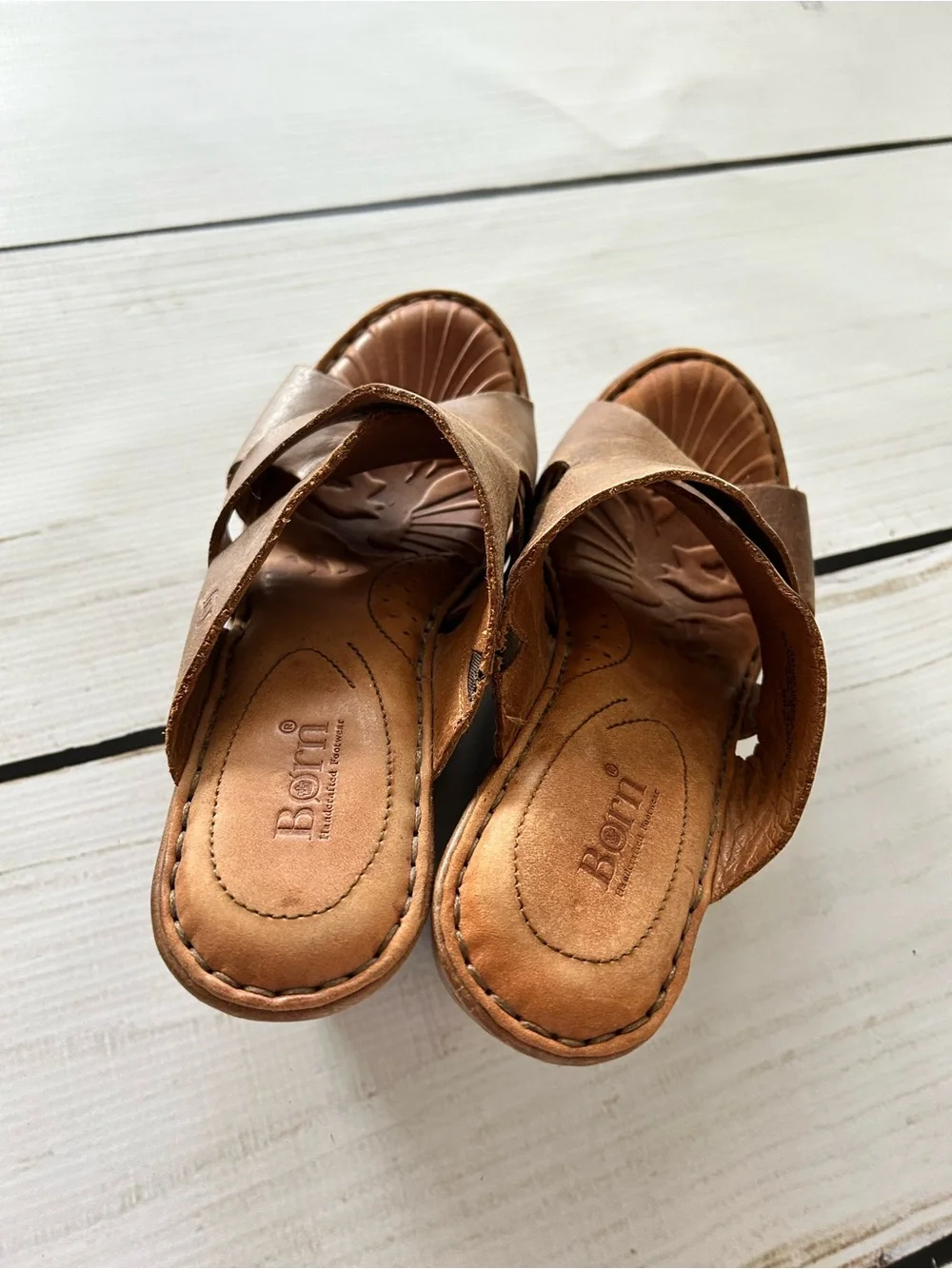 Born Tan Brown Leather Crossover Wedge Sandals